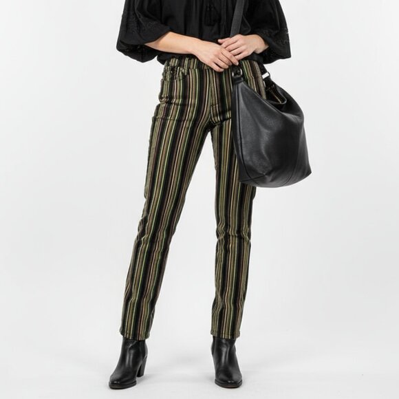 Arden B Green & Black Striped Velvet Soft Retro Flair Trouser Pants 8 - Picture 1 of 9